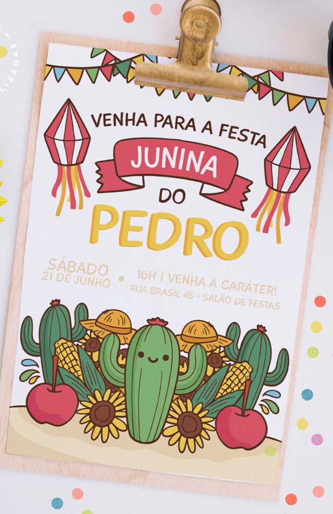 June party invitation stamped by cacti, corn, flags and balloon