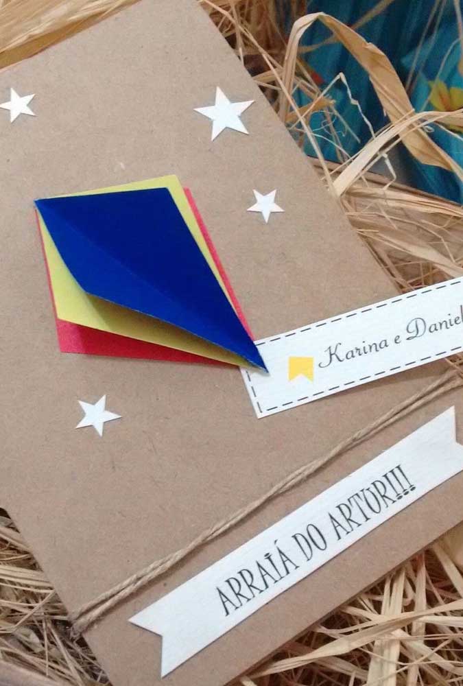 Handmade festa junina invitation. Highlight for the tissue paper balloon and the stars glued one by one