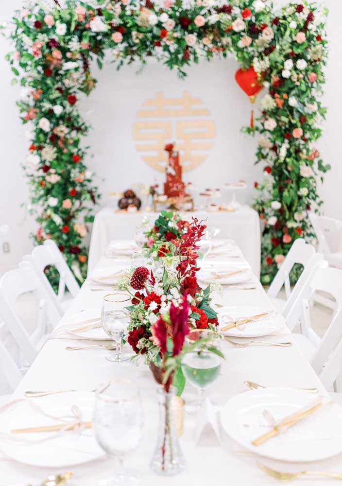 Chinese new year party in white and red tones. Highlight for the ideogram printed on the wall