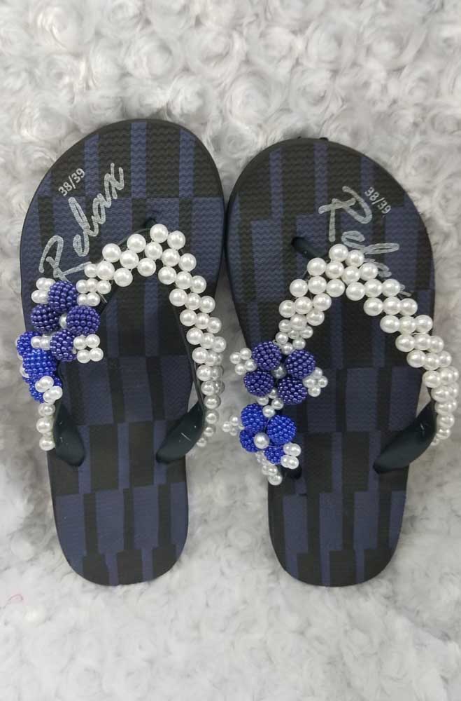 Slipper embroidered with white pearls and blue beads