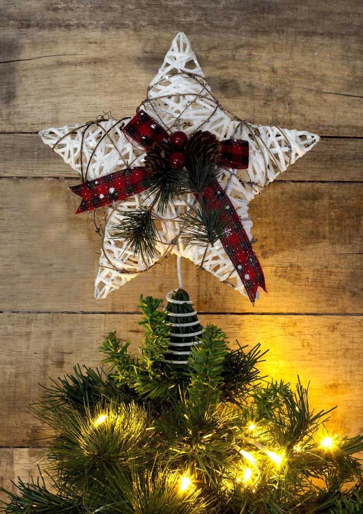 Christmas star made with string and decorated with ribbon and pine cones