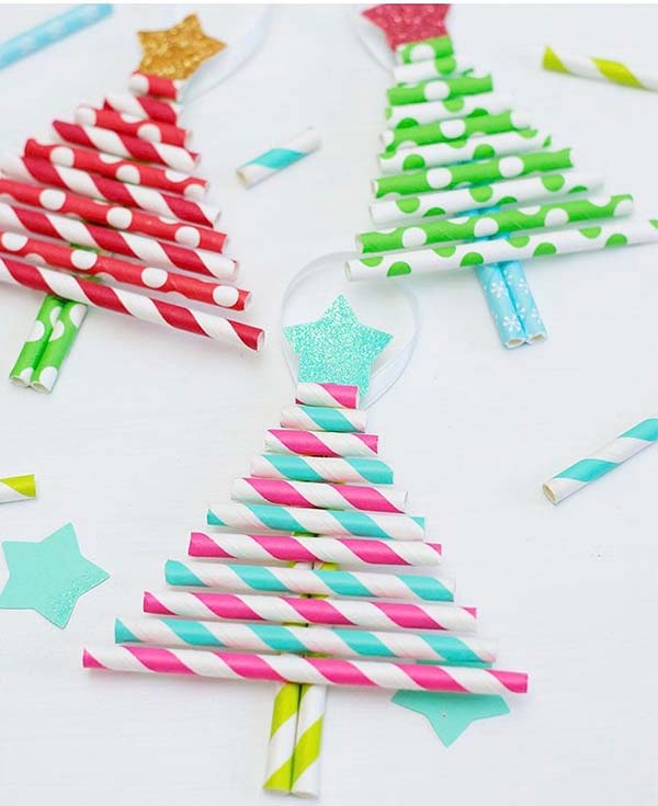 Straws turn into colorful recycled tree ornaments.