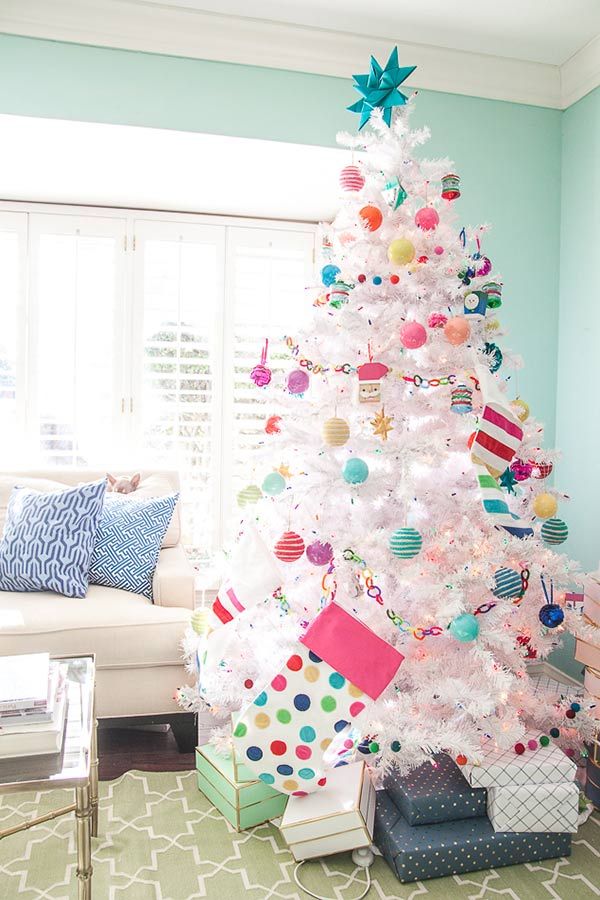 White Christmas tree with colorful and fun details