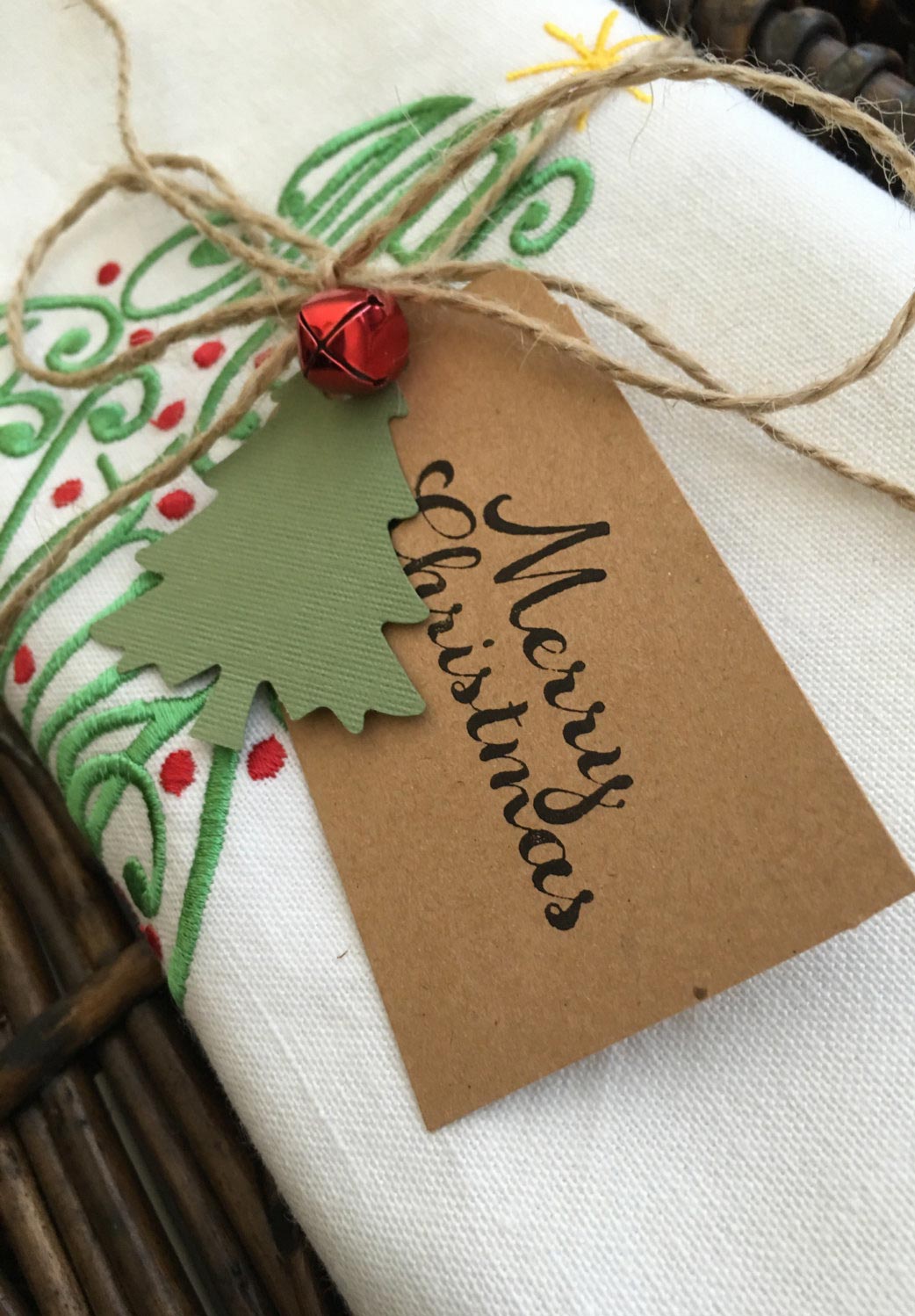 Dishcloth, towel and table centerpiece or hand embroidered napkins with Christmas motifs