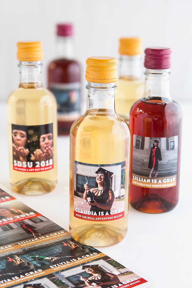 Here, the souvenirs are mini bottles of drink with the photo of each graduate on the "label"