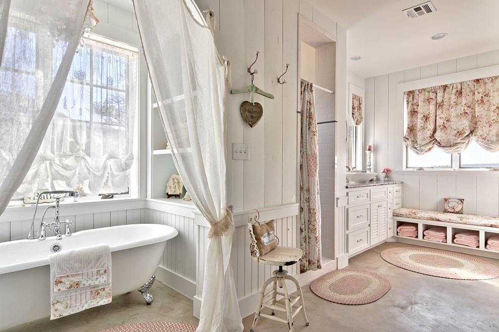 Bathroom with various crochet rugs