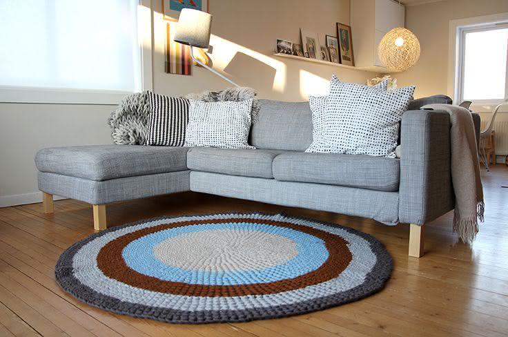 Crochet carpet for living room in gray, blue and brown