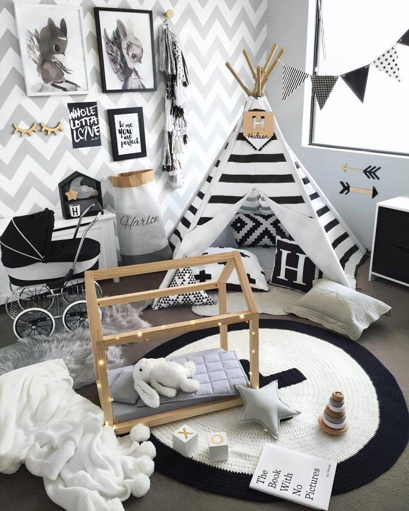 Black and white crochet rug for children's room