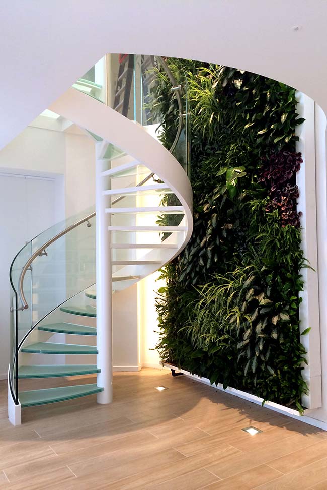 Vertical garden, in varying shades of green, accompanies those who climb the stairs