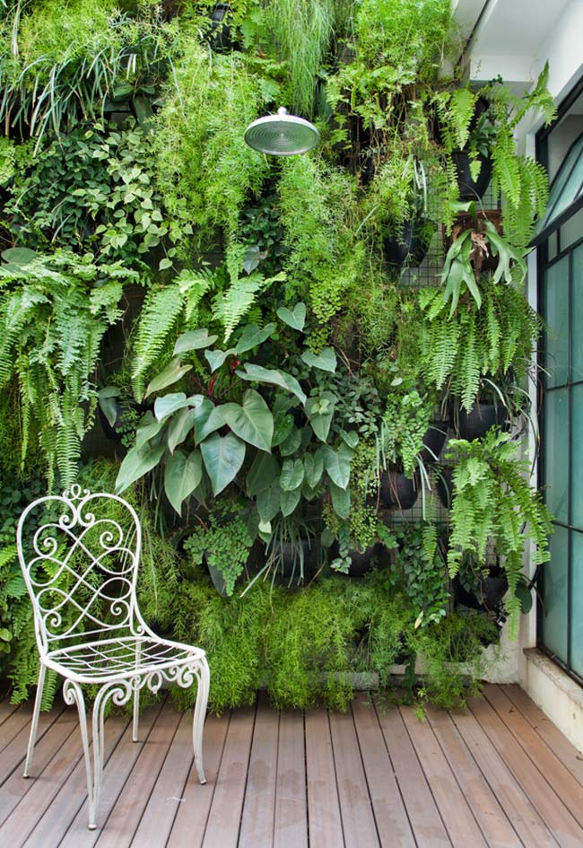 This vertical garden, built with pots fixed to the wire mesh, is formed by a mix of half shade plants