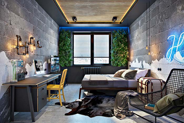 Green columns break the gray monotony of the industrial style bedroom