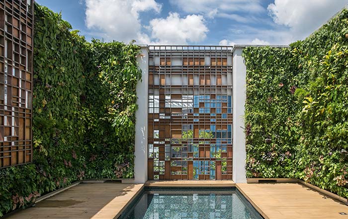 Green frame around the pool makes both the indoor and outdoor environments more pleasant