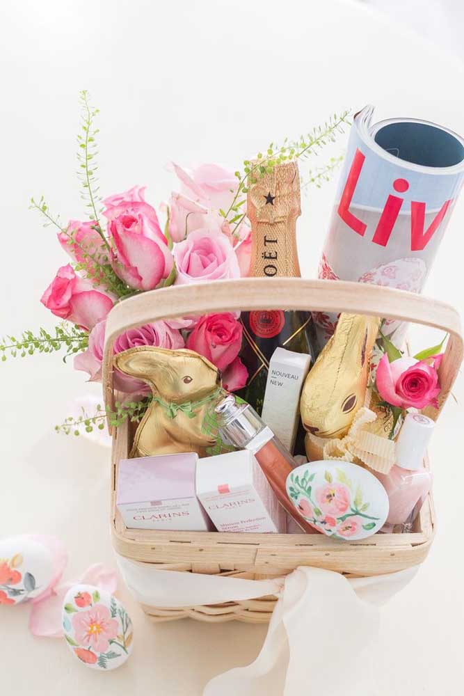 A delicate inspiration of a feminine Easter basket decorated with flowers 