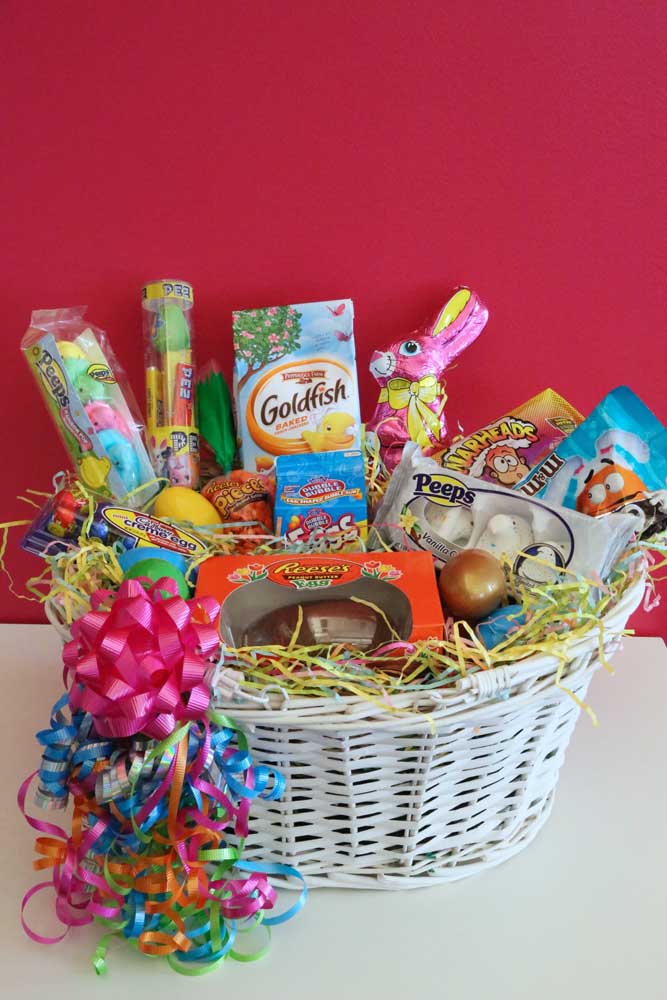 Small, simple and colorful Easter basket with eggs and chocolate bunny