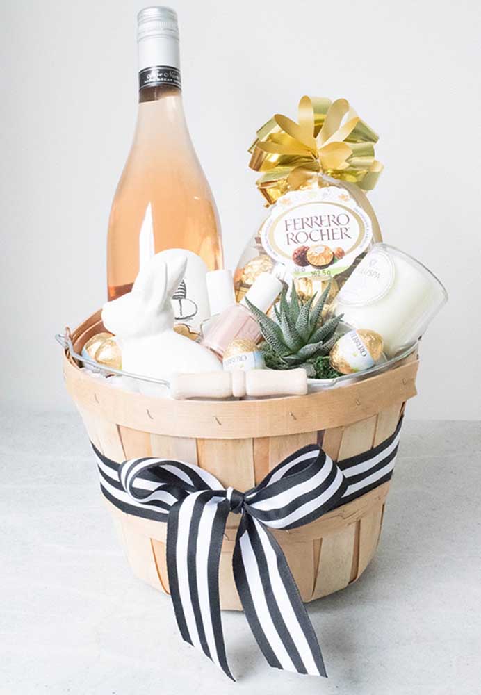 Super different and elegant Easter basket composed of wine, fine chocolates and a graceful succulent