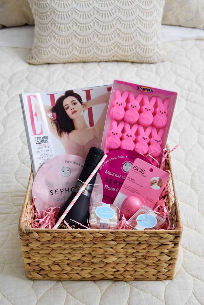 Easter basket for women with bunny magazine, wine and soap