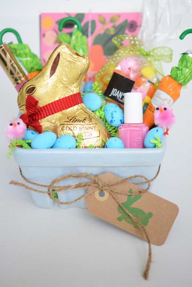 Beautiful this Easter basket in the bucket with rabbits and chocolate eggs