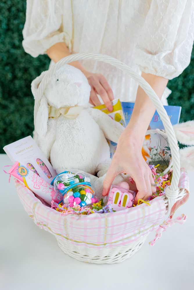 A beautiful Easter basket inspiration with plush bunny and candy