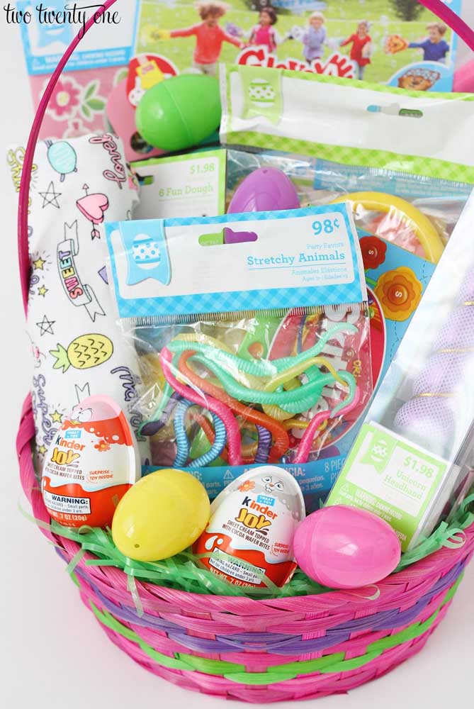 Children's Easter basket with toys and chocolate eggs