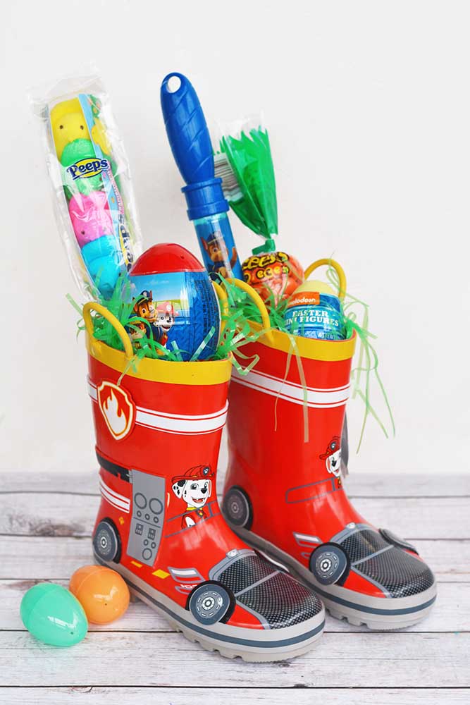 Creative option of Easter basket for boys, made in wellington boots