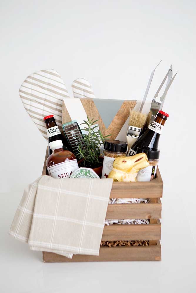 Wooden Easter basket with a masculine touch, ideal for gifting men who enjoy cooking 