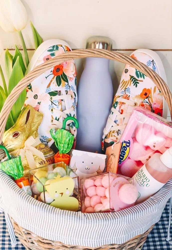 A delicate Easter basket filled with chocolates and assorted sweets 