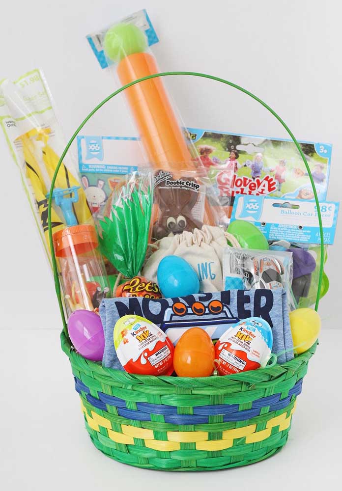 Another super colorful Easter basket inspiration for kids with toys and chocolate eggs