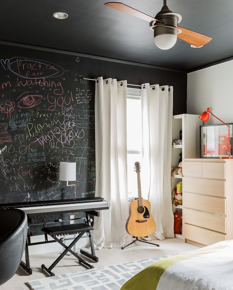 Room with stripped style for young people who play instruments.