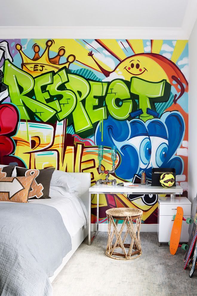 Teenager room with colorful graffiti on the wall