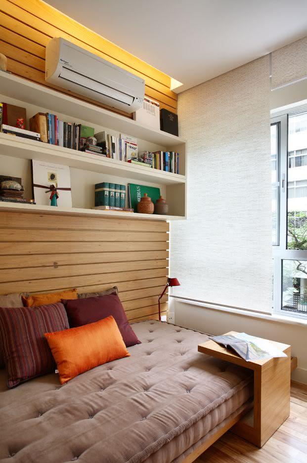 Teen room with wooden wall and white niches to decorate