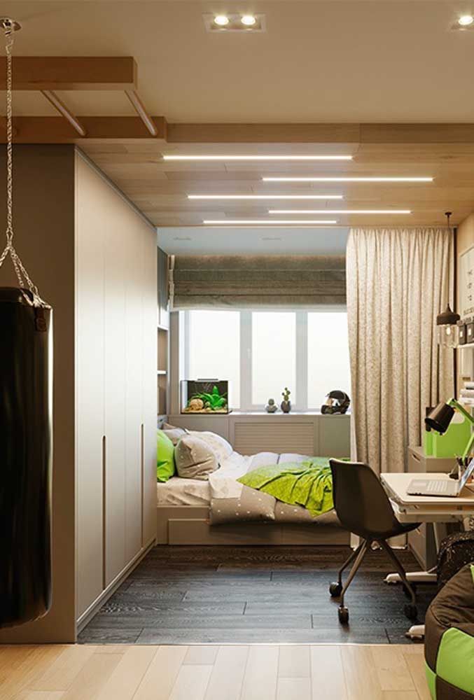 The details in green color highlights the decor of the teen room with neutral tones.