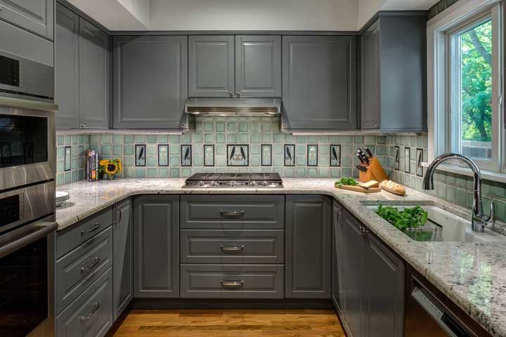 Gray granite with light blue inserts; an unusual combination, but in the end it was very happy