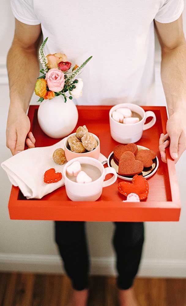 Tray of hot chocolate and sweets, perfect for gifting your boyfriend in winter