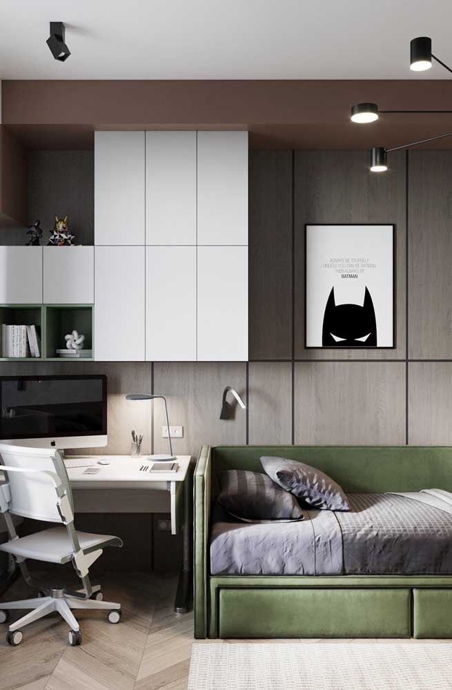 Solve everything on a single wall: bed, desk and cabinets