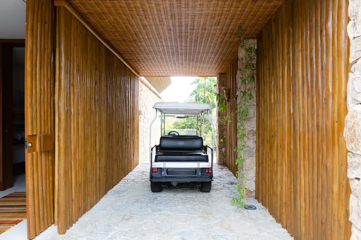Garage with stone floor