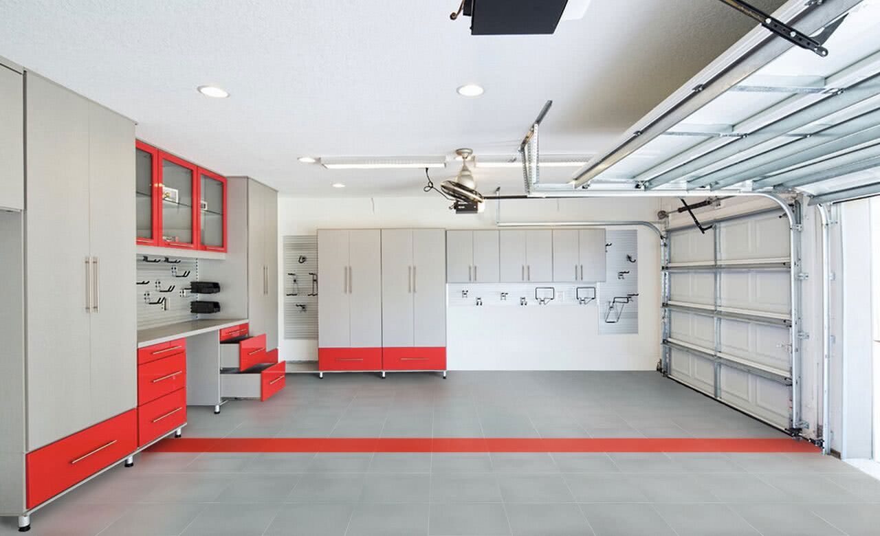 Garage with gray tile floors and red outlines