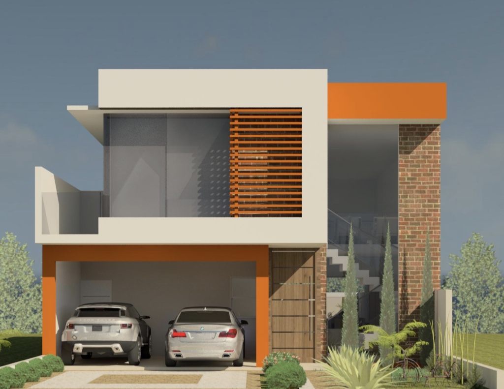 The orange details highlight the house's architecture