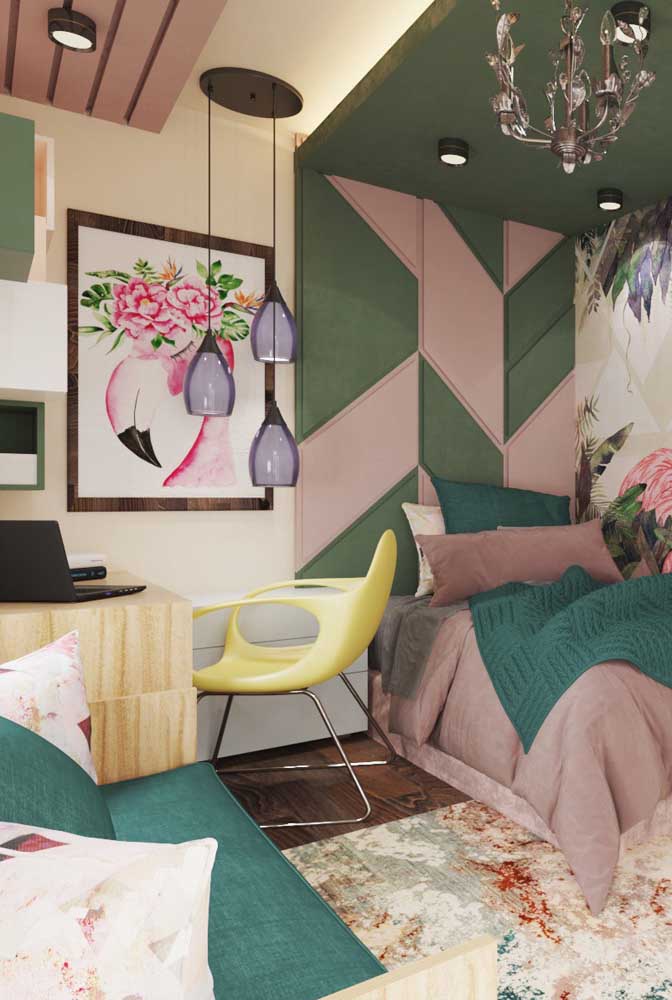 A beautiful color suggestion for female single room: green and pink