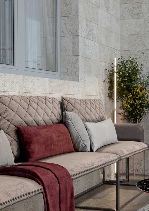 Balcony sofa with mix of materials: steel and natural fiber