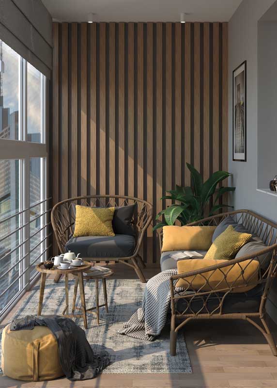 Here, the modern balcony bet on a set of sofa and armchairs of natural fiber