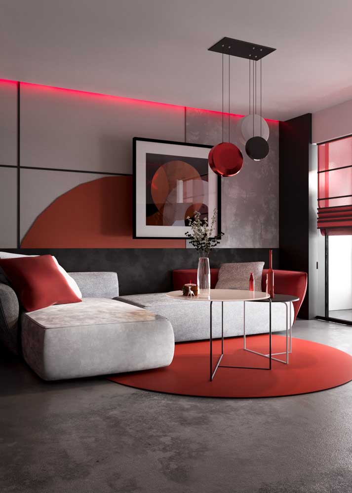 Red room decoration in a contemporary style. Here, the shade of gray neutralizes the red