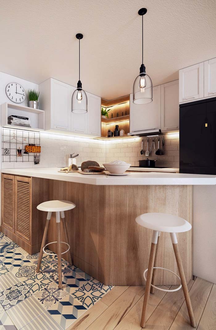 American kitchen with wooden counter