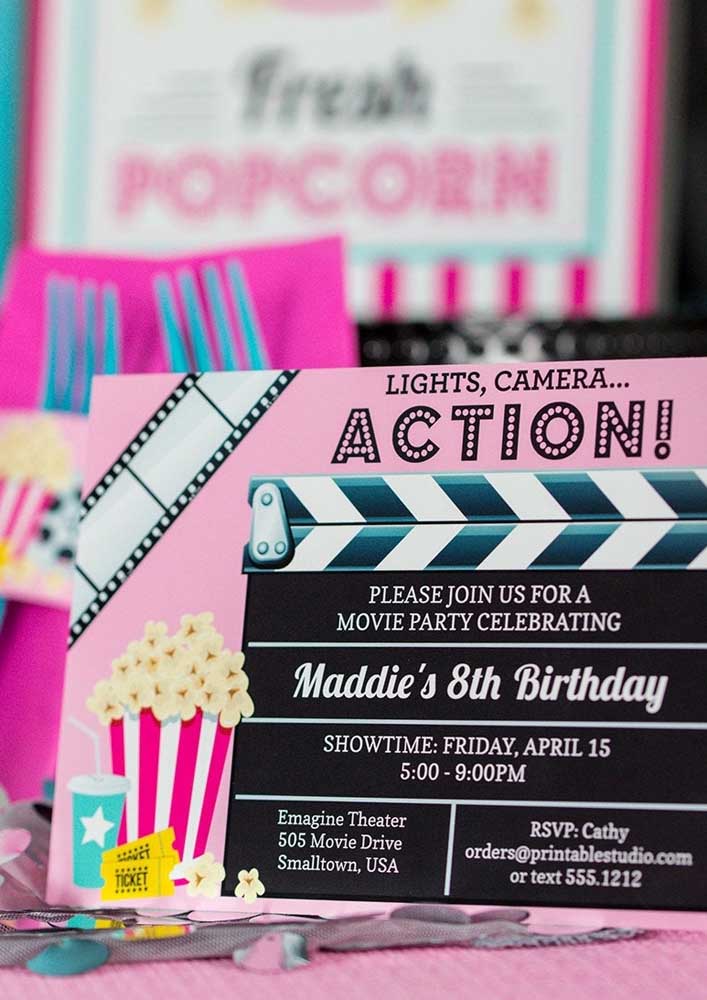 Idea of ​​cinema party invitation. The model features a personalized clapperboard with party information