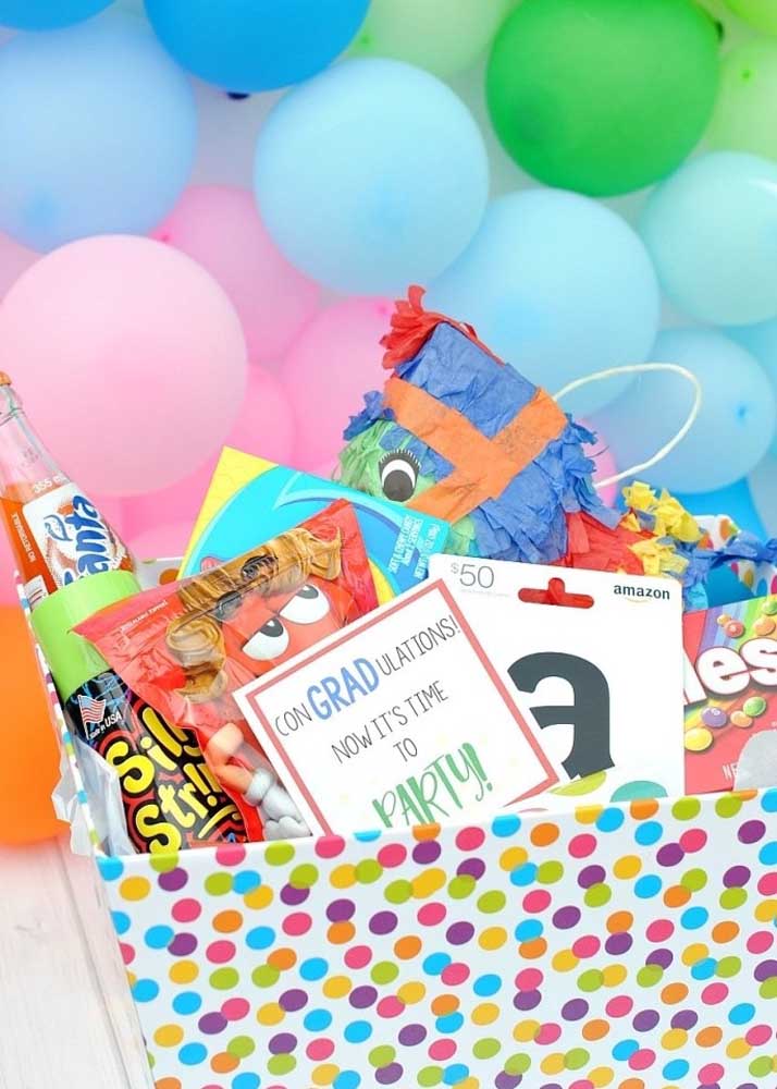 Colorful, playful birthday surprise box full of treats