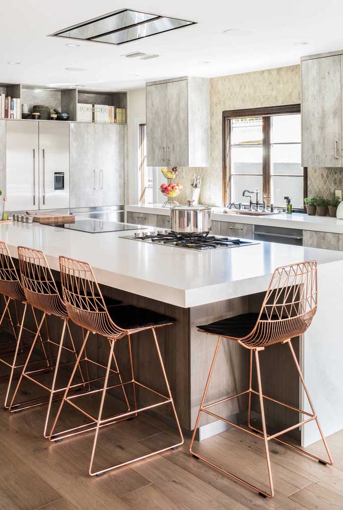 American kitchen with copper stools