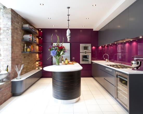 Purple stands out for this modern kitchen.