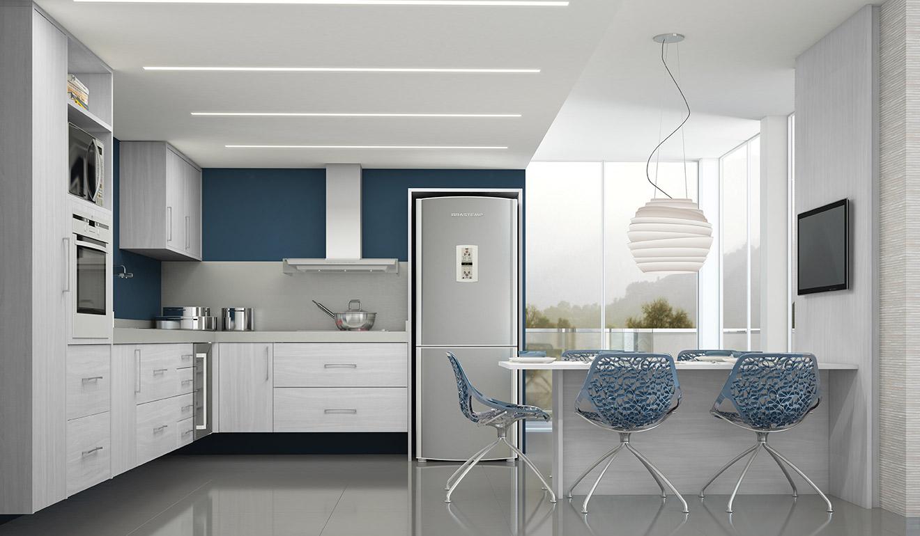 Blue and white form the design of this kitchen.