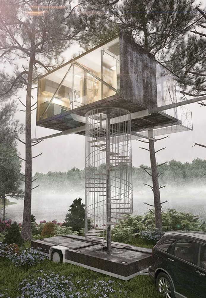 A tree house can go far beyond child's play and become a real home; the image below that says so