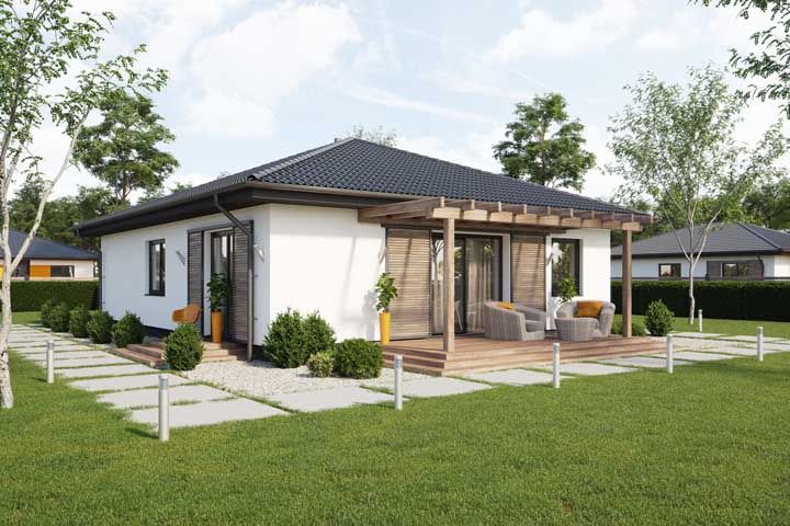 A wooden pergola also has the potential to make the simple house even more charming