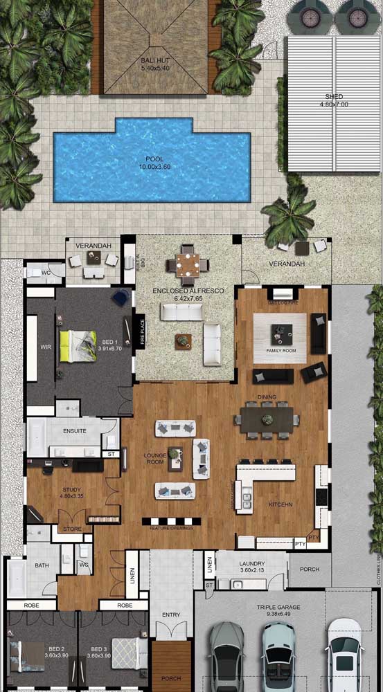 Modern house plan with internal garage, swimming pool, gourmet space, suite with dressing room and integrated rooms